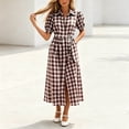 thumbnail image 2 of Women's Casual Dresses Gingham Shirt Midi Dress with Puff Short Sleeves Summer Long Shirt Sundress Brown S, 2 of 7