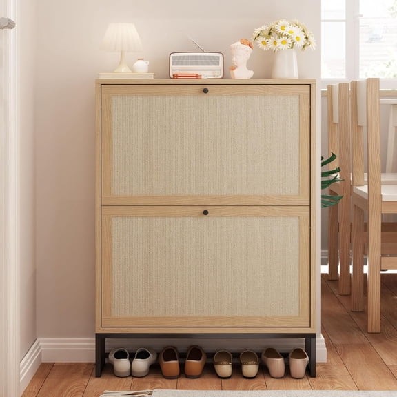 Wirrytor Freestanding Shoe Cabinet with Flip Drawers for Entryway, Natural Rattan Shoe Organizer Holds Up to 20 Pairs, Space-Saving Shoe Storage for Hallway Or Closet