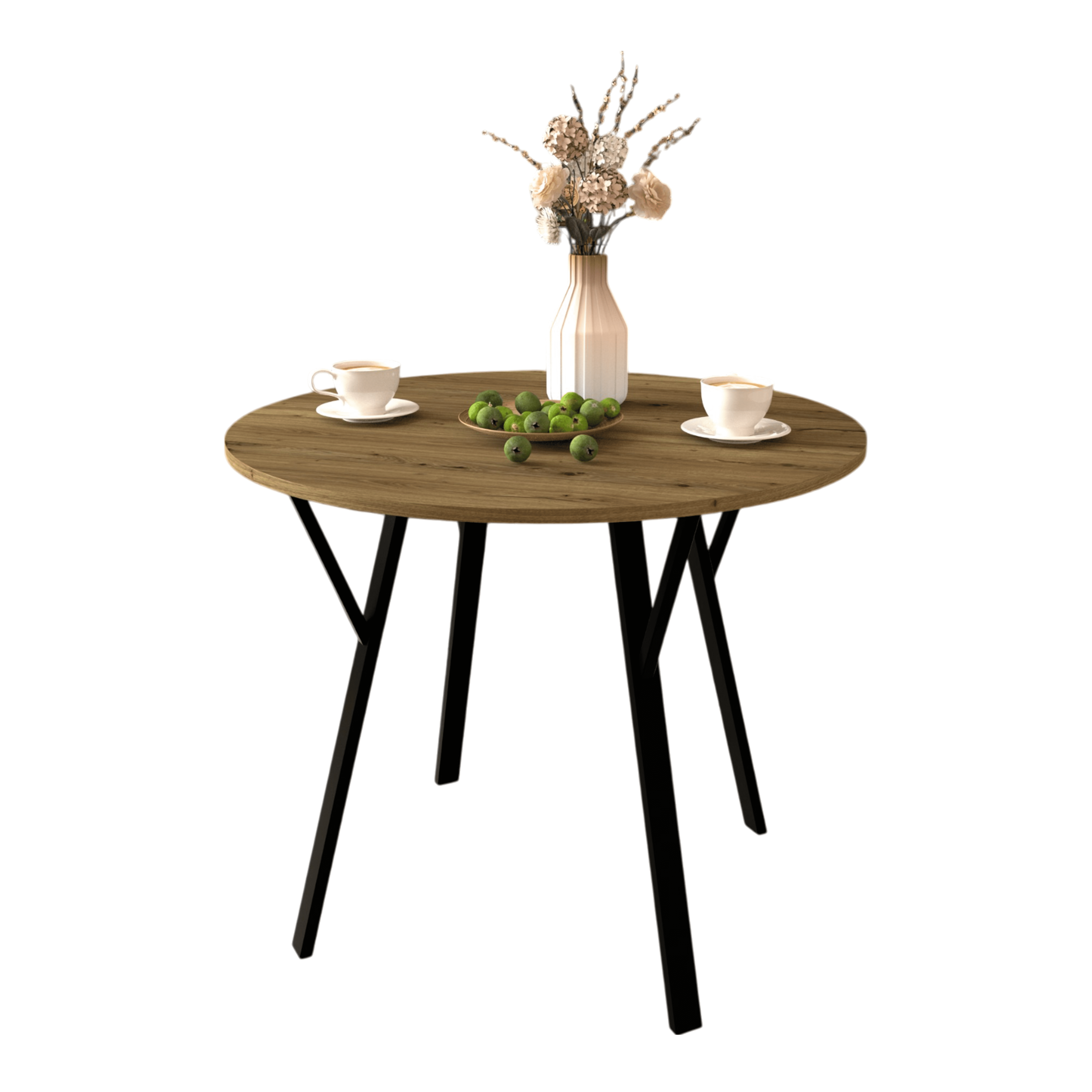 35.43 Inch Round Dining Table, Small Circle Kitchen Table with Metal Black Legs for 2-4 people,Modern Dining Room Table, Brown (only table)