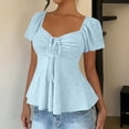 thumbnail image 5 of Women's Eyelet Tops Fitted Babydoll Tee Shirt Flutter Short Sleeve Tie-Front Sweetheart Neck Pleated Cute Blouse (M, Light Blue), 5 of 8