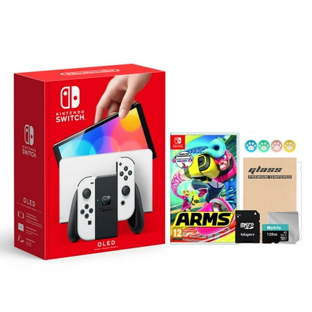 2021 New Nintendo Switch OLED Model White Joy Con 64GB Console Improved HD Screen & LAN-Port Dock with Arms And Mytrix Accessories