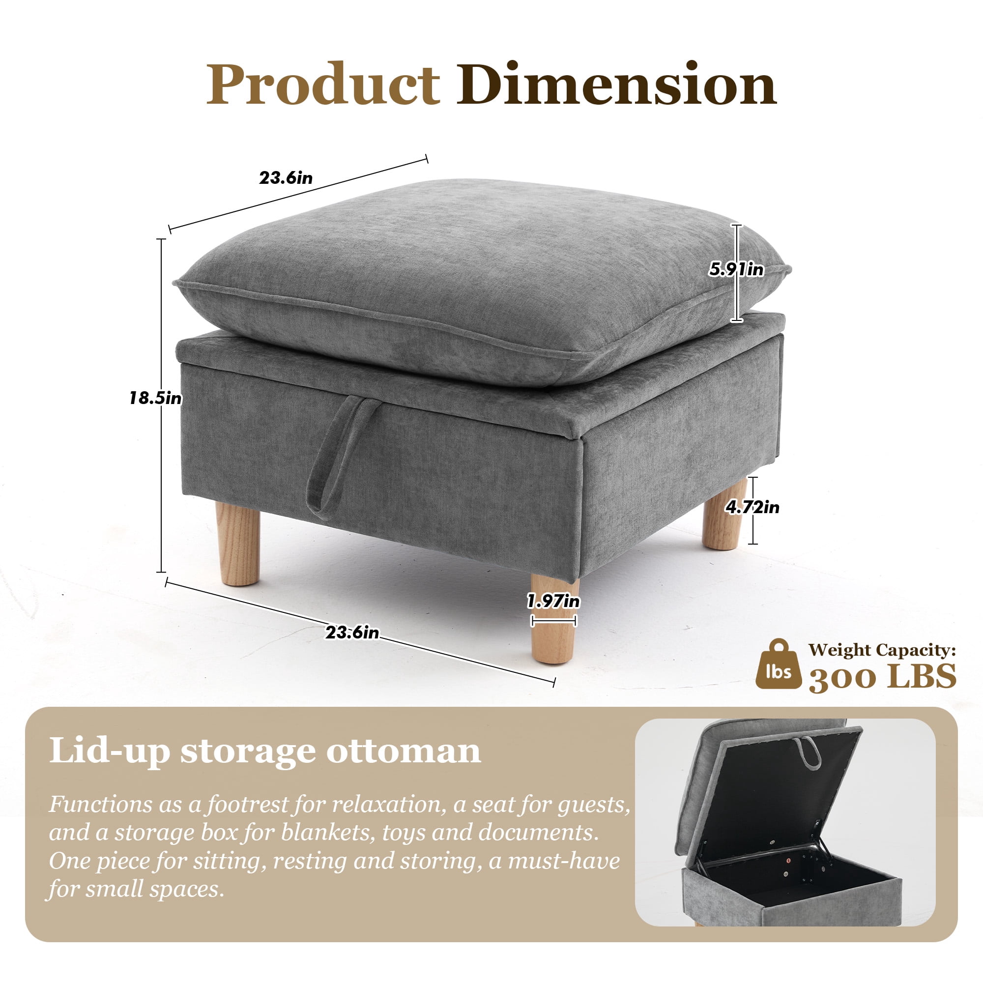 MOONMISS 23.6" Chenille Storage Ottoman with Solid Wood Legs,Large Capacity Footrest Stool,High-Rebound Foam Cushion for Living Room,Bedroom,Small Spaces