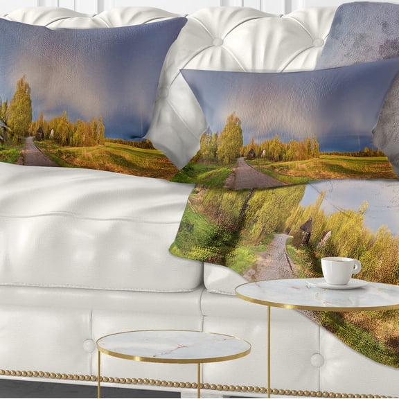 Designart Green Field Under Rainbow Sky - Landscape Photography Throw Pillow - 12x20