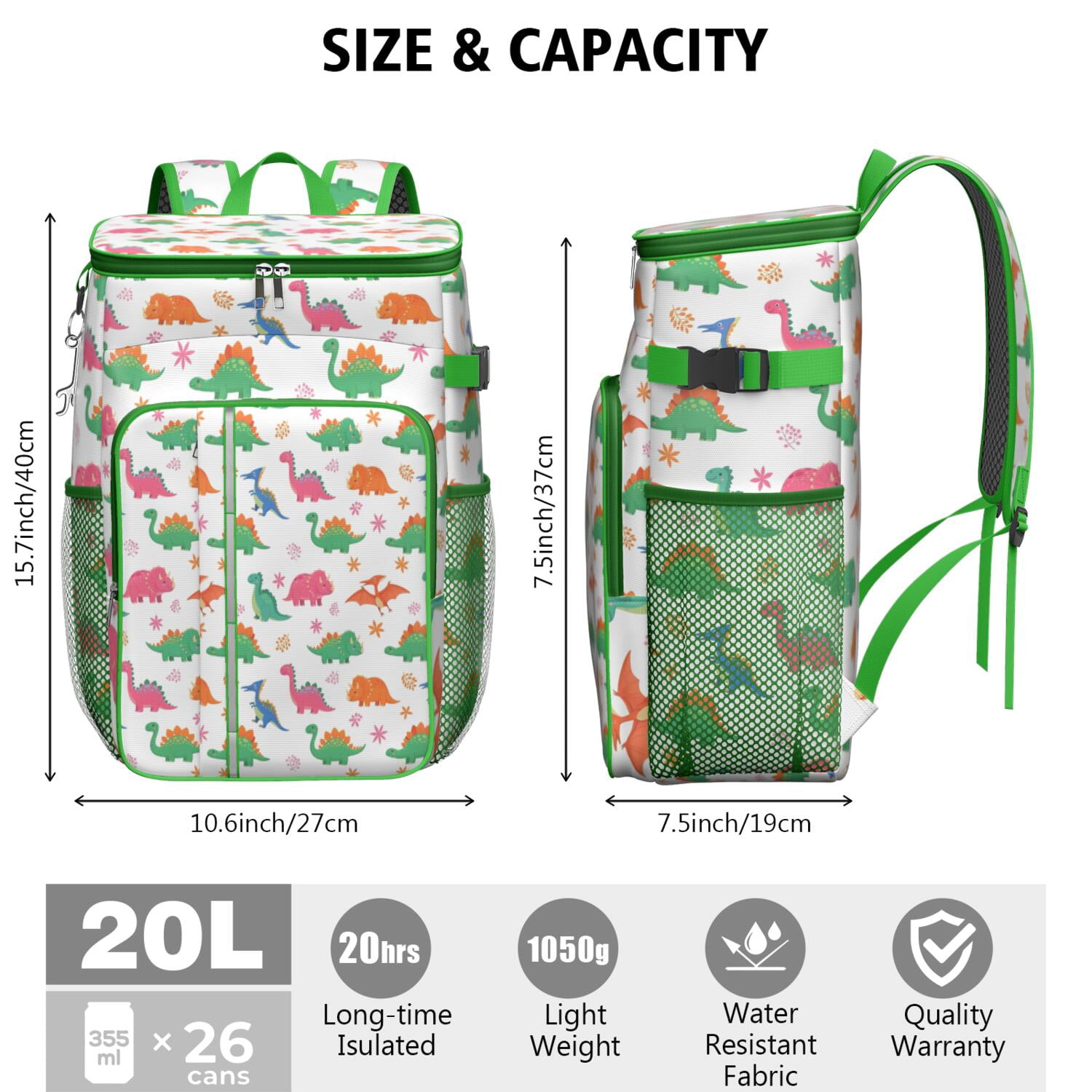 Travel Cooler Bag - White Dinosaurs Flowers Pattern Camping Beer Cooler Backpack with Bottle Opener- Waterproof Insulated Picnic Backpacks - Cooler Bag for Beach