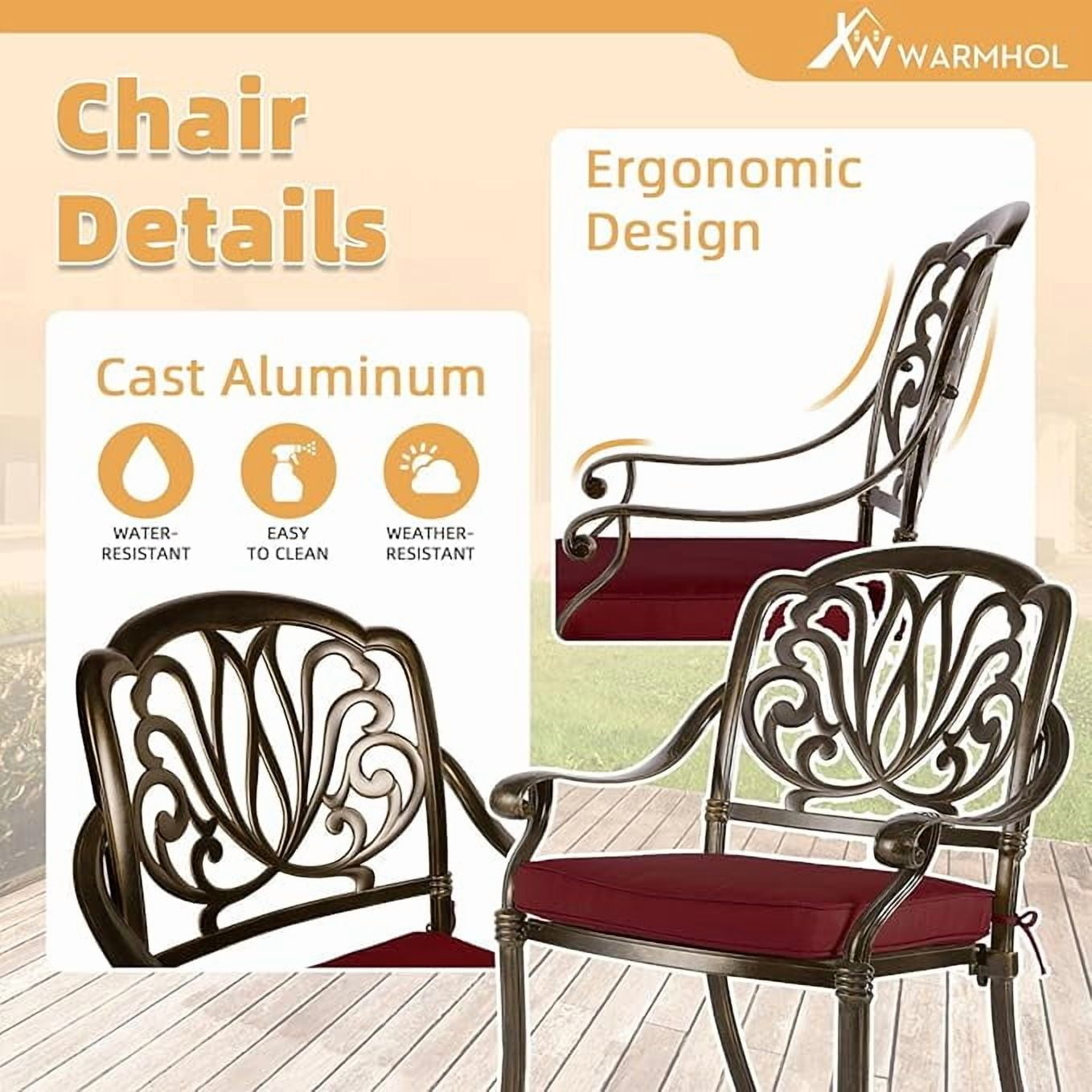 W WARMHOL 5-Piece Outdoor Patio Dining Set, All-Weather Cast Aluminum Patio Furniture Set for Backyard Garden Deck with 4 Chairs, 4 Cushions and 35.4” Square Table, 2.2" Umbrella Hole, Red