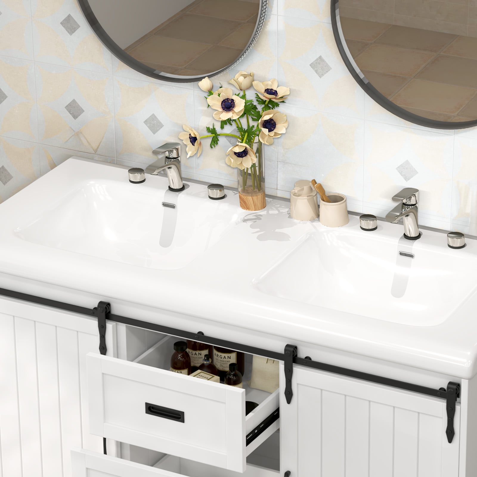 Jarbalai 47" Double Sink Farmhouse Bathroom Vanity with Sliding Barn Doors, White