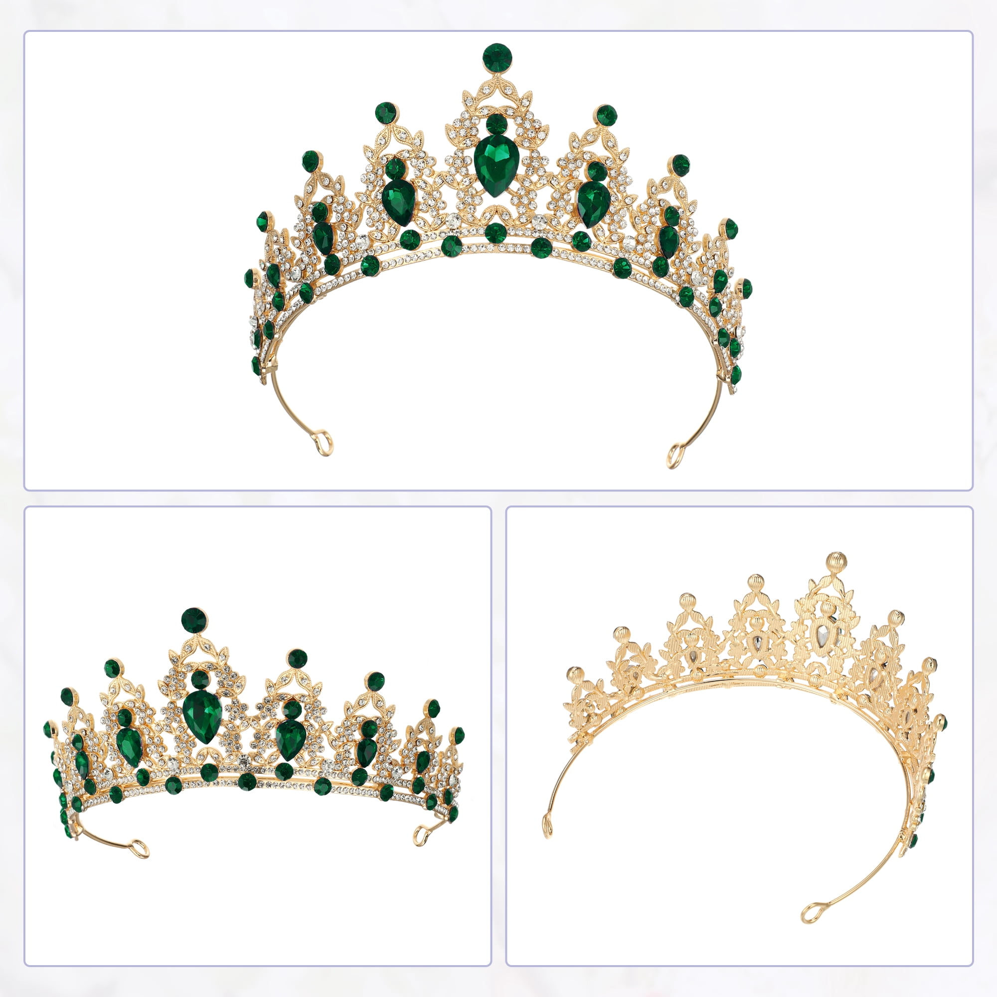 Unique Bargains Women Faux Crystal Queen Crown Tiara Rhinestone Gold Tone Green