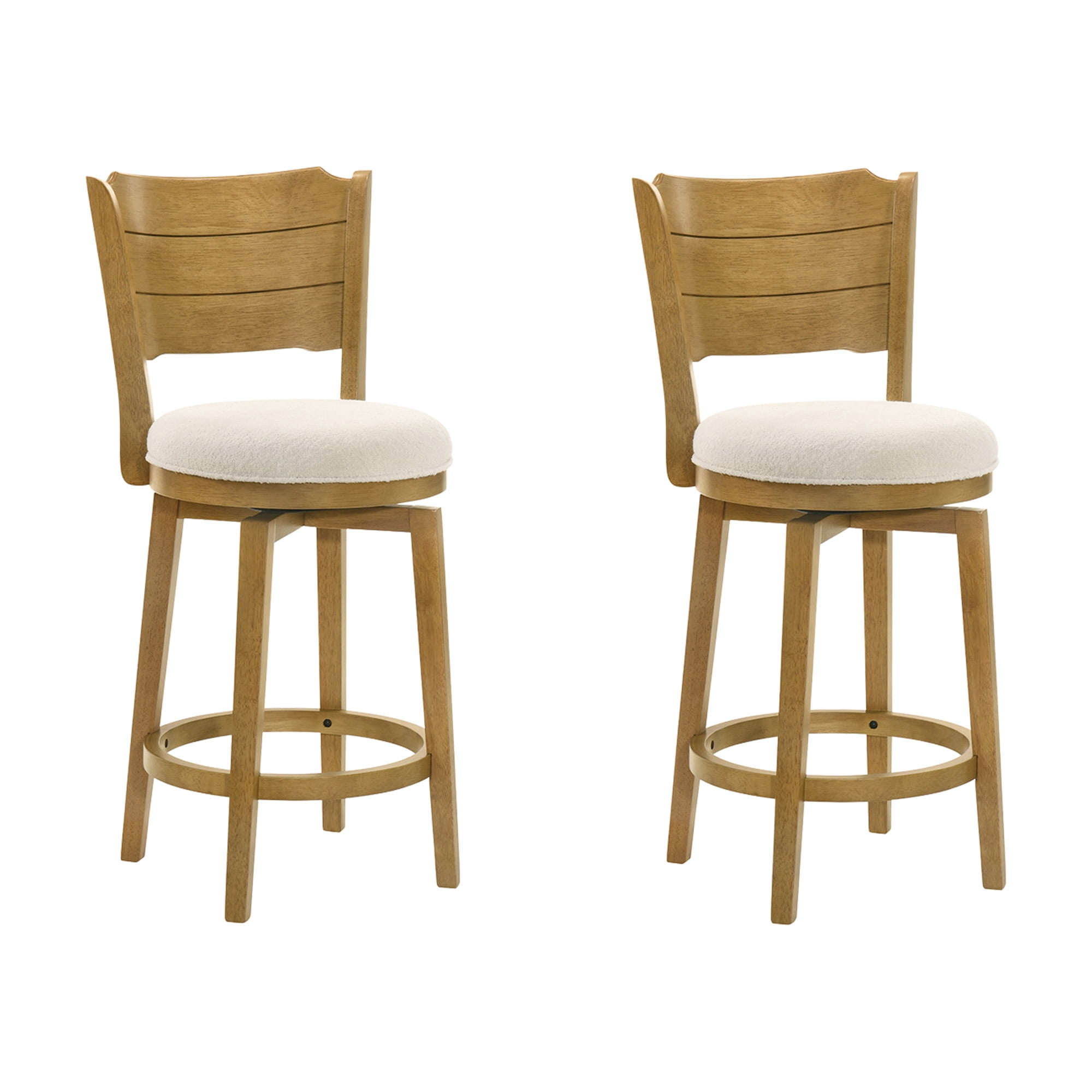Winsley Coastal Modern Swivel Wood Counter Height Kitchen Bar Stool in Amber Glow Finish with White Boucle Fabric Upholstered Seat - Set of 2
