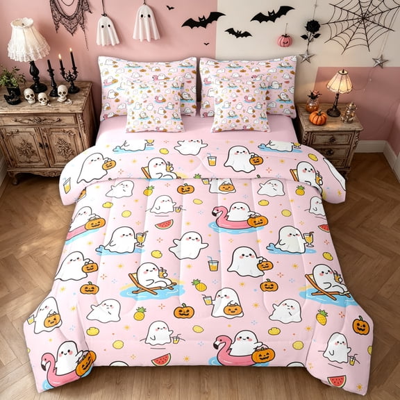 Feelyou Kawaii Ghost Twin Bedding, Happy Halloween Pumpkin Bedding Comforter Set, Pink Orange, Pink Reversible, 7-Piece