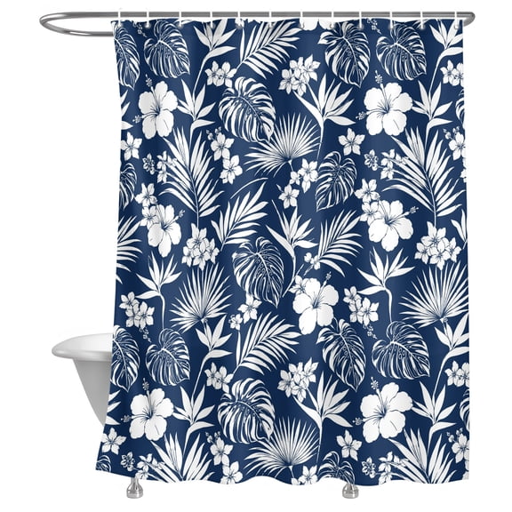 Tropical Blue Floral Shower Curtain, Summer Botanical Monstera Leaves Floral Lightweight Waterproof Fabric Shower Curtain with Rustproof Grommets for Bathroom Bathtub 48x72in