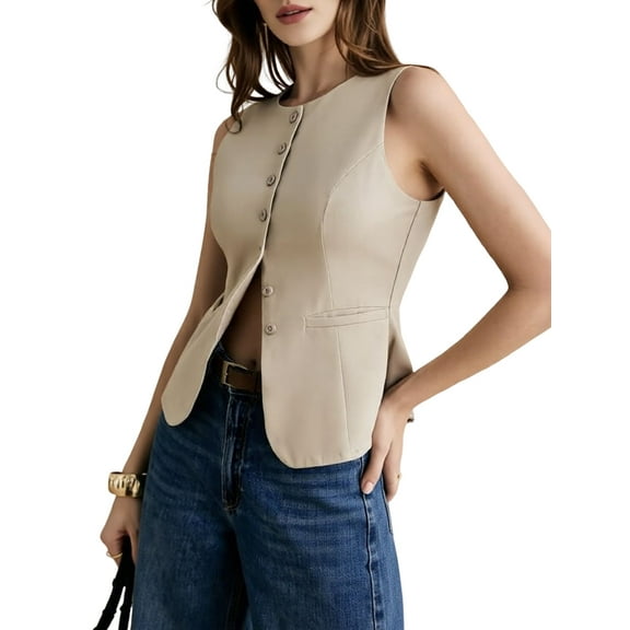 Women'S Summer Suit Vest Tops Dressy Business Casual Sleeveless Button Down Blazer Waistcoat Khaki S