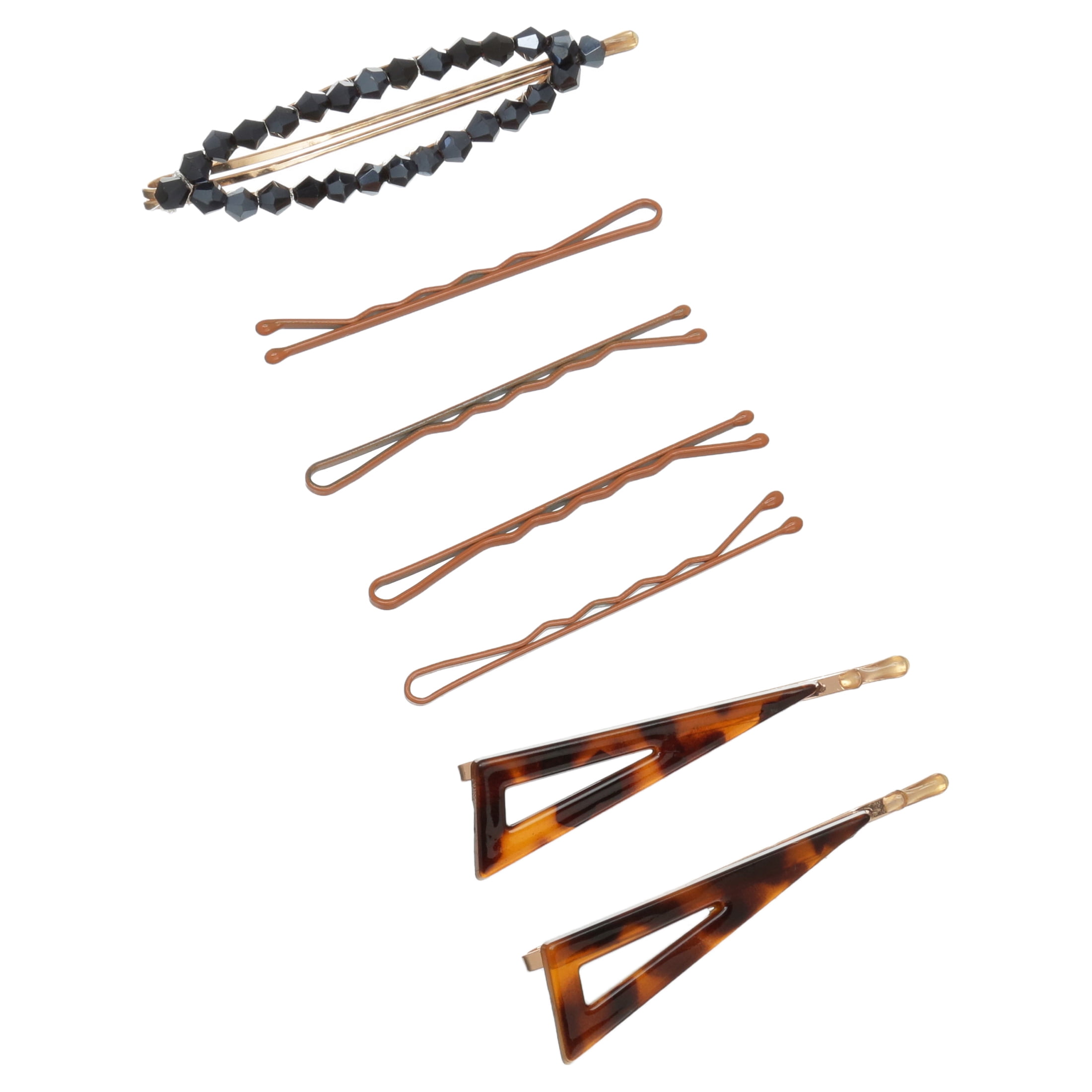 Wild Primrose by Scunci Decorative Bobby Pin Slide Barrettes in 3 Glam Styles in Dark Blue Stone, Neutral Enamel, and Geometric Tortoise Shell, 7ct
