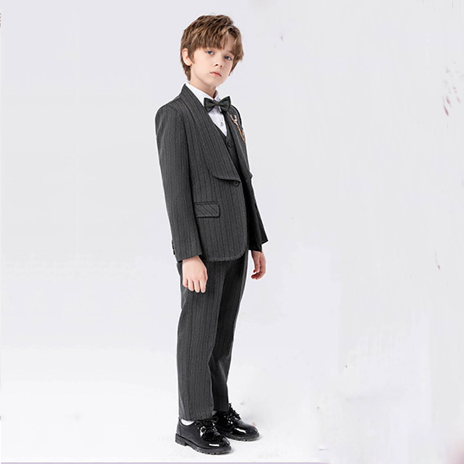 Hjtefg Boys Striped Little Suit Performance Dress Outfit Classic Tailored Jacket with Matching Pants Formal Event Attire for Weddings and Recitals,Color: Dark Gray Size: 8-9 Years