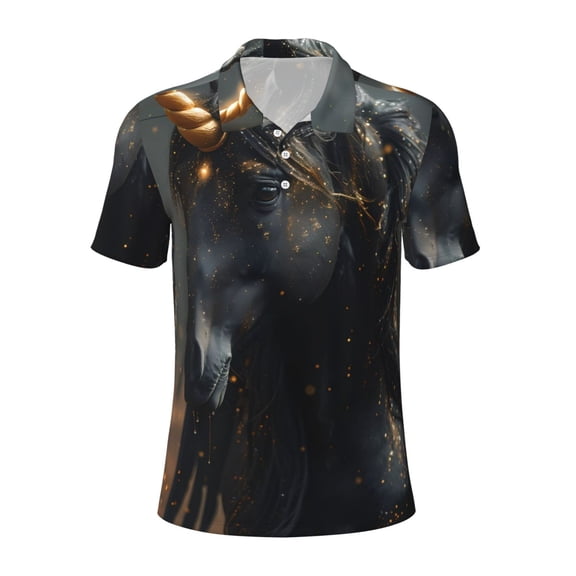 Kuqiui Mens Golf Polo Shirt Dry Fit Performance Sport Short Sleeve Golf Polo Shirts for Men-Black And Gold White Horse