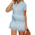 thumbnail image 2 of Women'S Open Knit Short Sleeve Top with Fringe Sky Blue S, 2 of 7