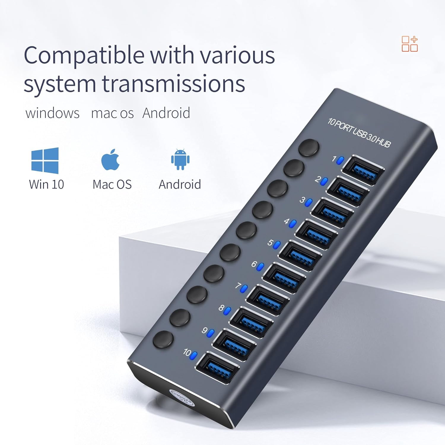 Powered USB Hub, AUBEAMTO Aluminum 10-Port USB 3.0 Hub with 10 USB 3.0 Data Transfer Ports, USB Splitter with Individual Switch and 60W (12V/5A) Power Adapter for Laptop, PC, Computer, Mobile HDD