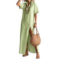 thumbnail image 2 of Women's Summer Striped Splited Maxi Casual Dress Short Sleeve V Neck Split Hem Boho Beach Vacation Dresses M, 2 of 6