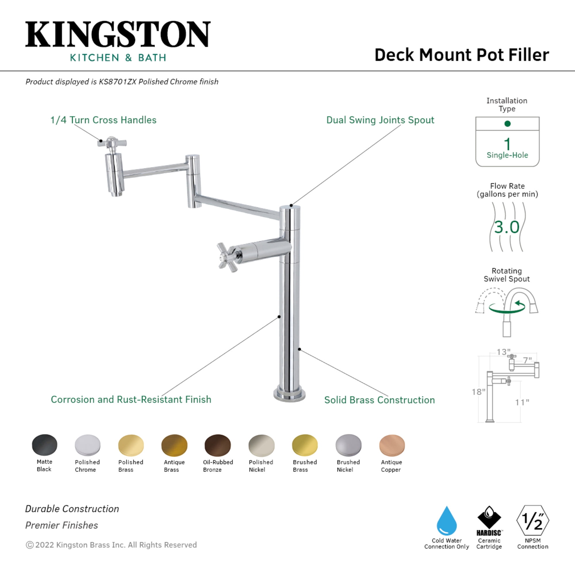 Kingston Brass KS8707ZX Millennium Deck Mount Pot Filler Faucet, Brushed Brass