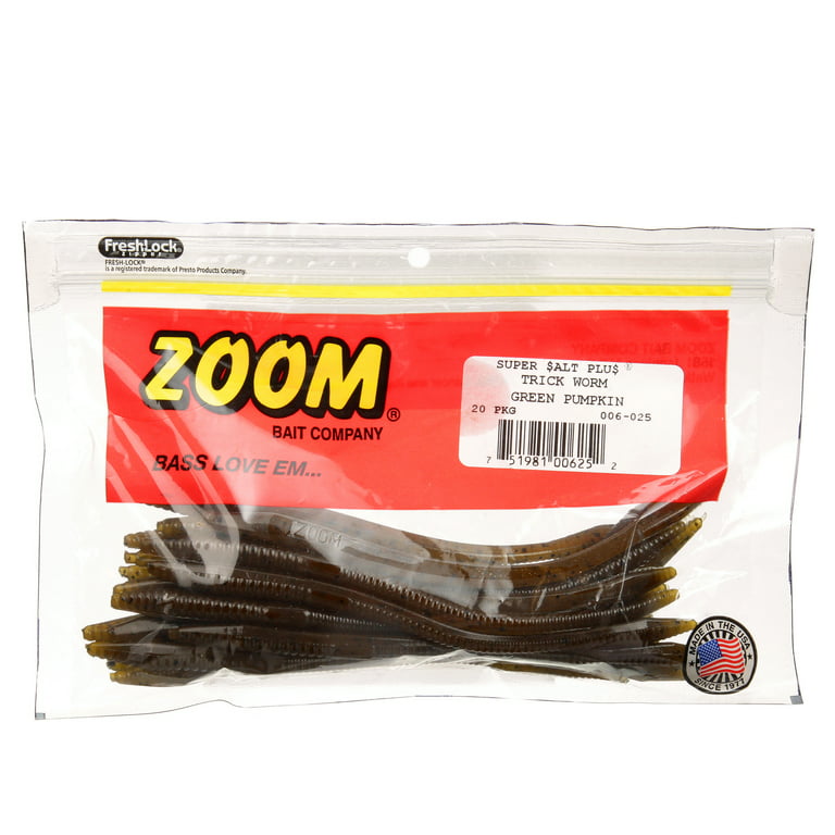 Zoom Trick Worm Freshwater Bass Fishing Soft Bait, Green Pumpkin, 6 1/2,  20-pack, Soft Baits 