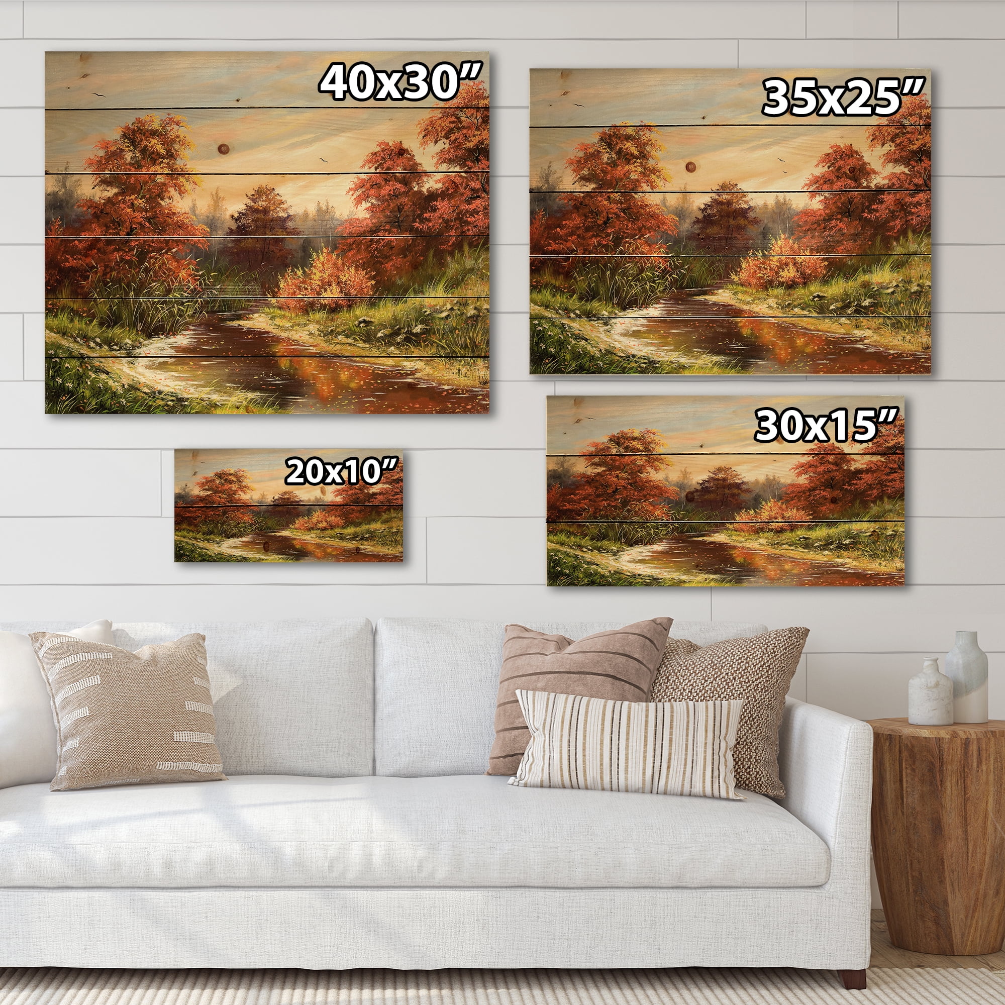 Designart 'The Wood River On A Decline In An Orange Autum Summer' Lake House Print on Natural Pine Wood