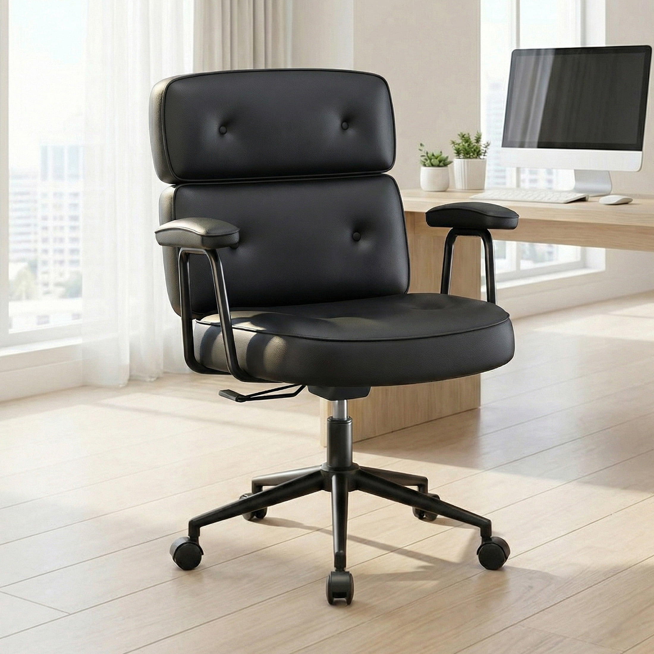 CONCETTA Ergonomic Office Chair, Soft PU Leather Adjustable Task Chair with Lumbar Support and 360° Swivel, Black Gray Green Pink