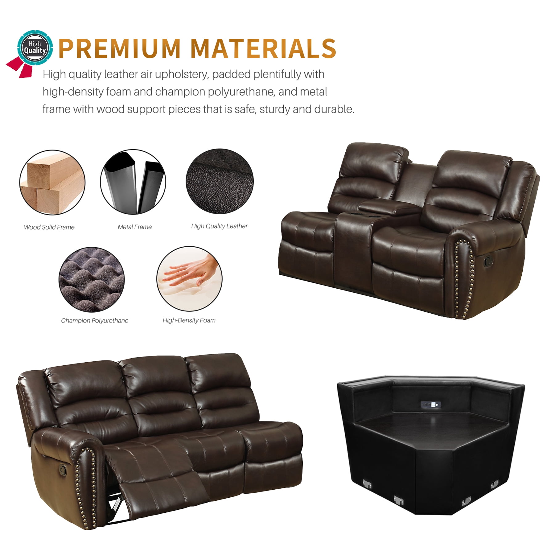 Nathaniel Home Sofa Set with Storage and Cup Holders, Living Room Reclining Couch, PU Leather Love Seat 5 Seater Theater Seating Brown