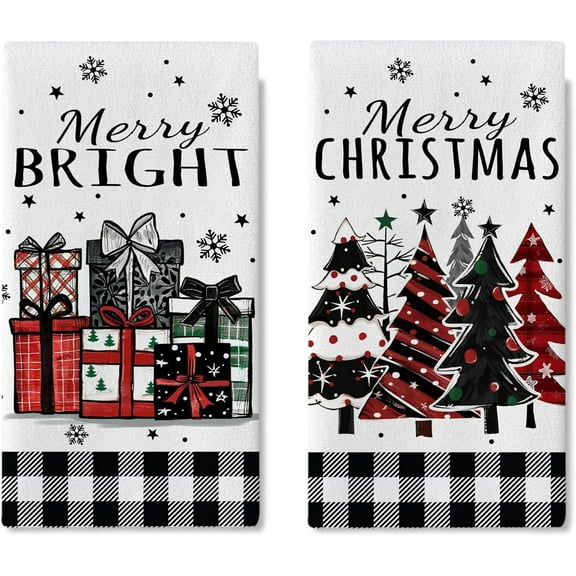 Merry Christmas Tree Kitchen Dish Towels Set of 2, Xmas Gifts Red Black Buffalo Plaid Bright Drying Hand Towel Baking Cooking Cloth, Winter Holiday Bathroom Home Decoration 16 x 24 Inches
