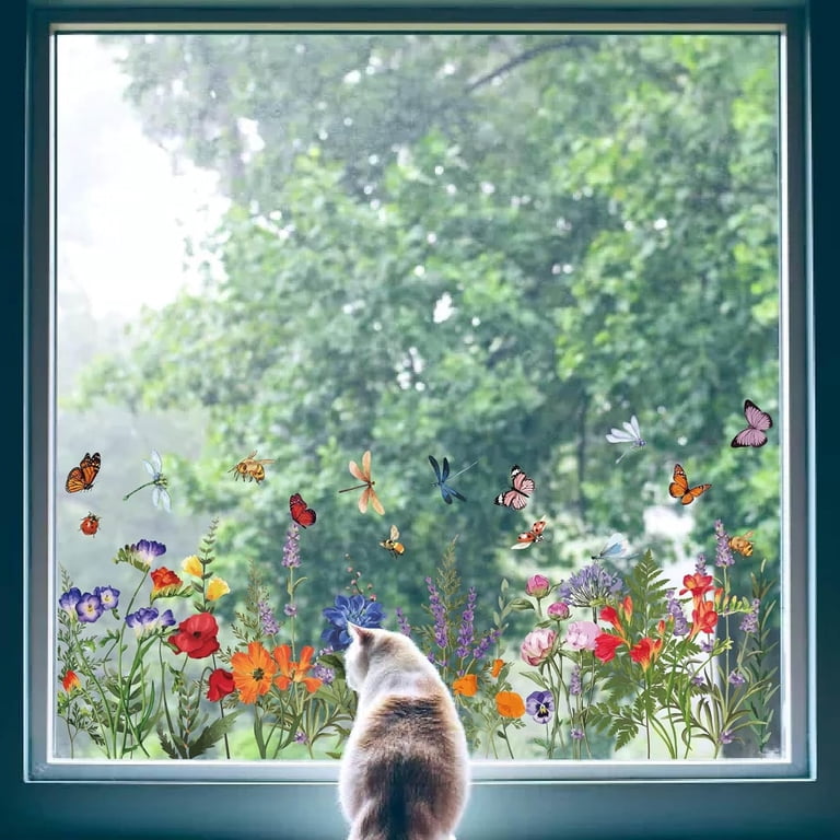 Tanlaby Spring Wildflower Window Clings - Double-Sided Static Window Stickers With Butterflies For Decoration & Bird Collision Prevention