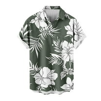 miqiqism Tshirt for Men Hawaiian Floral Shirt Tops Short Sleeve Blouses Plus Size Button Down Tops Mens Lapel Neck Outfit Clothing,05_Army Green,Large