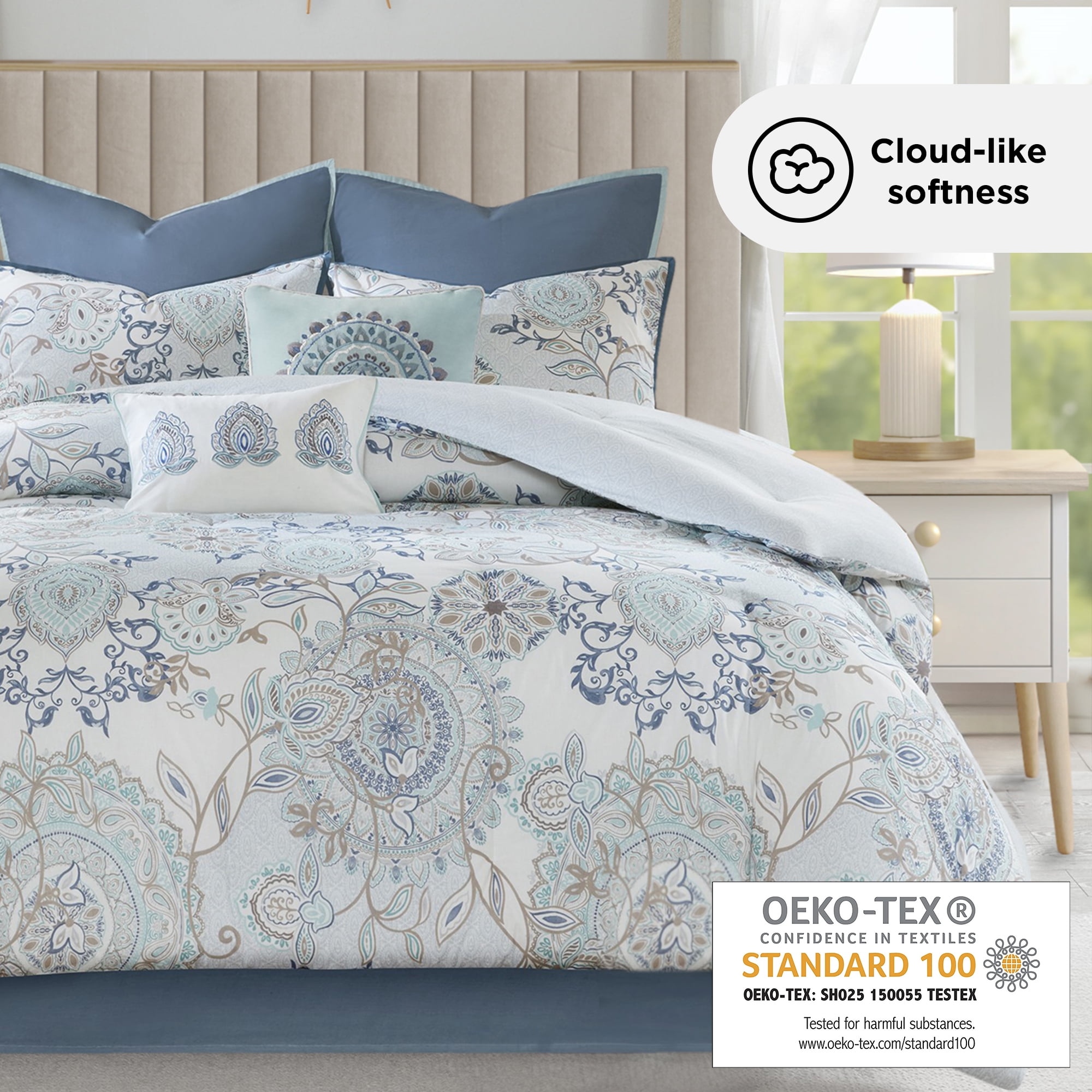 Madison Park 8-Piece Reversible Floral Cotton Comforter Set with Bed Skirt and Decor Pillows, Queen,Blue