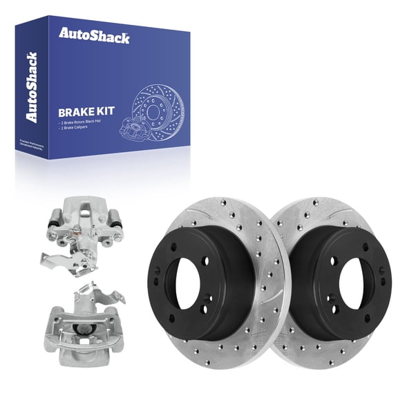 AutoShack Rear Brake Rotors & Calipers for Kia, Soul 2014-2019, FWD L4 1.6L 2.0L - E-Coated Drilled & Slotted - ShadowGuard - 10.31" (261.9 mm), 5-Lug