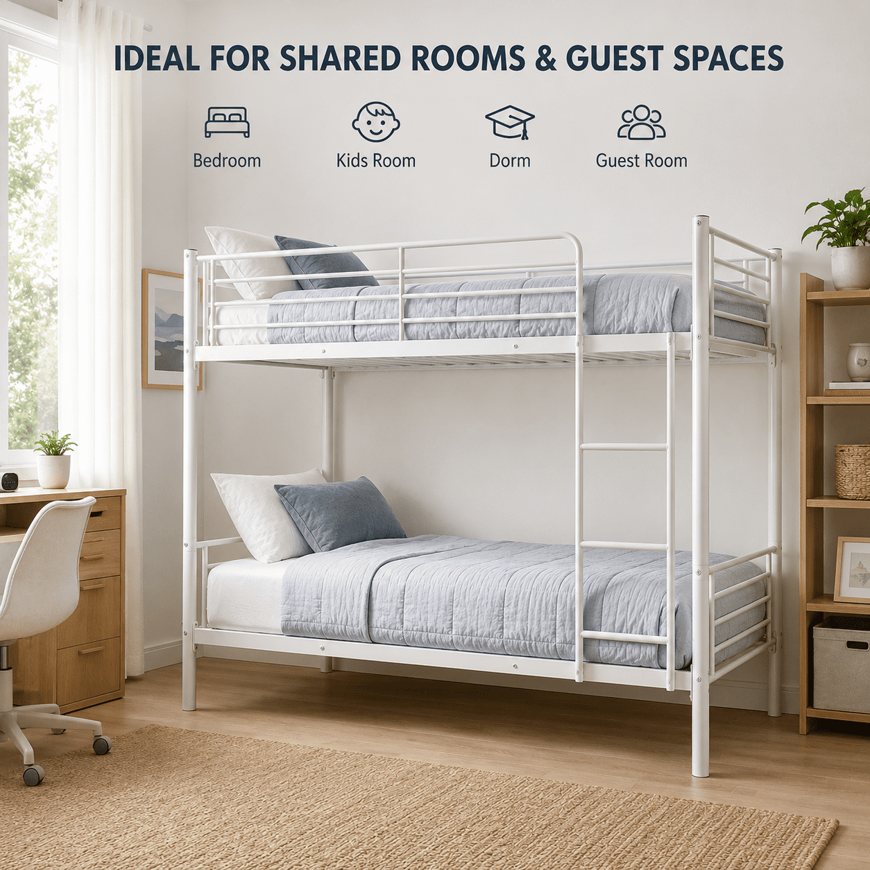 Alvantor Twin over Twin Metal Bunk Bed with Reversible Ladder and Guardrails, White
