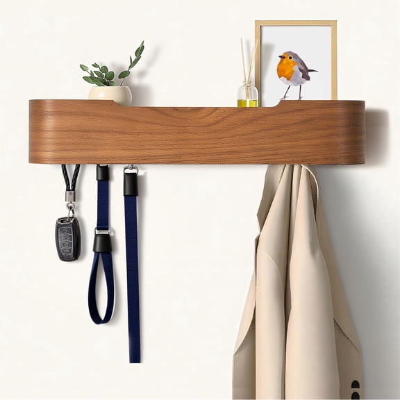 Coat Rack Wall Mount with Shelf 4 Hidden Hooks Modern Wooden Key Holder Entryway Organizer for Hallway Bedroom Bathroom Home Decor Storage for Hanging Coats Hats Bags Towels