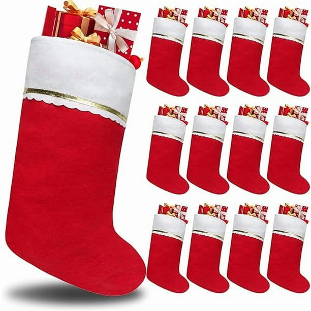 wonima02 12 Pack Felt Christmas Stockings, 19 Inches Red and White Christmas Stockings Hanging Ornaments, White Cuff with Gold Trim Christmas Stockings for Family Christmas Holiday Decorations