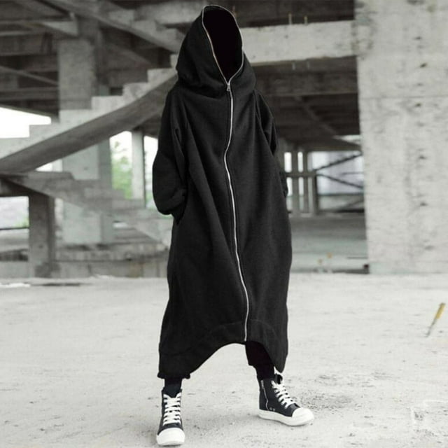 HUITKMM Men's Hoodies Men's Solid Color Personality Dark Style Full Body Zipper Long Hooded Sweater Jacket