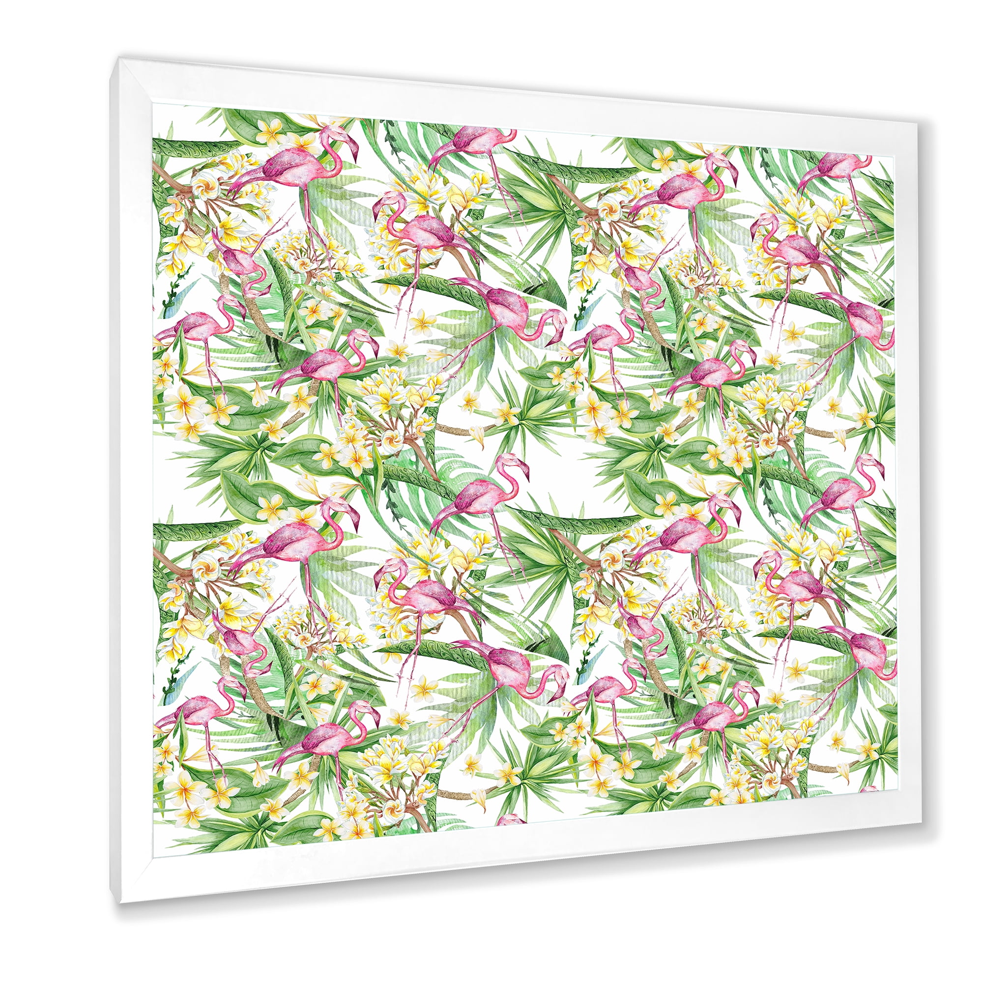 Designart 'Yellow Flowers, Tropical Foliage With Flamingo II' Modern Framed Art Print