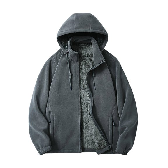 Mens Fleece Jacket Detachable Hood Warm Casual Zip Up Outerwear Coat Solid Color Long Sleeve Loose Winter Fall Outerwear Jacket with Pockets