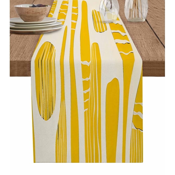 Geometric Yellow Table Runner 48 Inches, Stripes Modern Abstract Vintage Bed Runner Dresser Scarves Tabletop for Indoor Outdoor Parties/Ceremony/Banquet, 13" x 48"