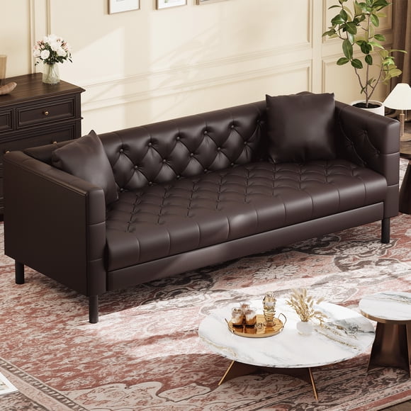 Brown Mid-Century Modern Chesterfield Sofa – 81" Faux Leather 3-Seater Couch – Deep Seat Design with Button Tufting – Includes 2 Pillows – Stylish Upholstered Couch – Apartment, Living Room