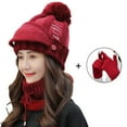 thumbnail image 2 of Women Winter Hat Set of 4 , Winter Beanie with Buttons Scarf Facial Cover and Touch Screen Gloves Fleece Lining Kint Hat, 2 of 4