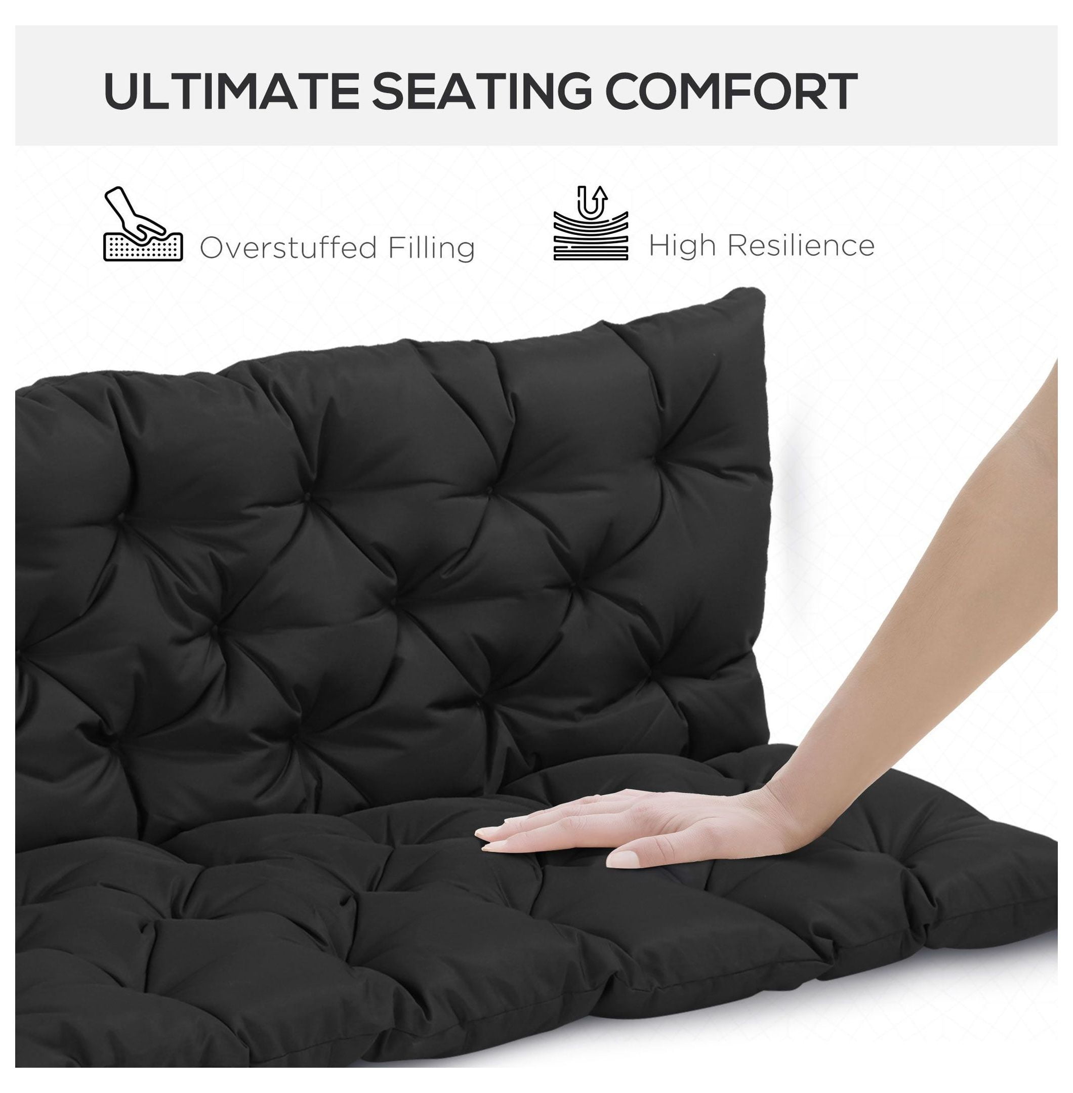 3-Seater Bench Cushion Outdoor Swing Replacement Pad - Black Patio Furniture Cushions with Backrest & Ties