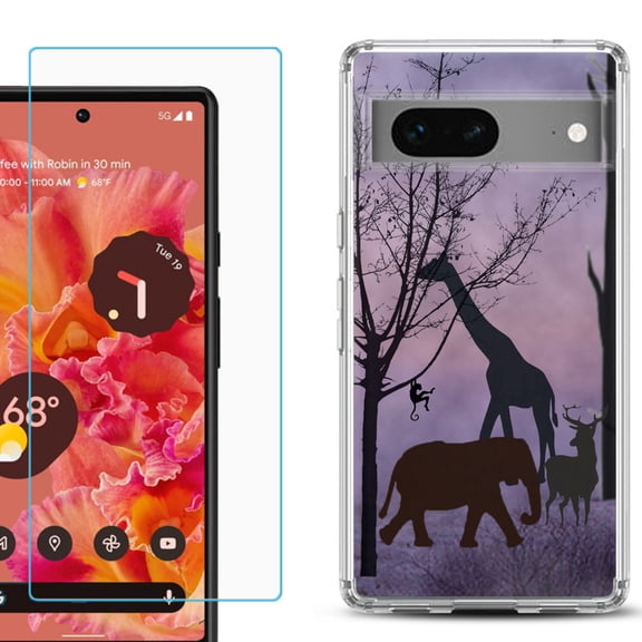 Slim-Fit Gel TPU Phone Case for Google Pixel 7, with Tempered Glass Screen Protector, by OneToughShield ® - Twilight Safari