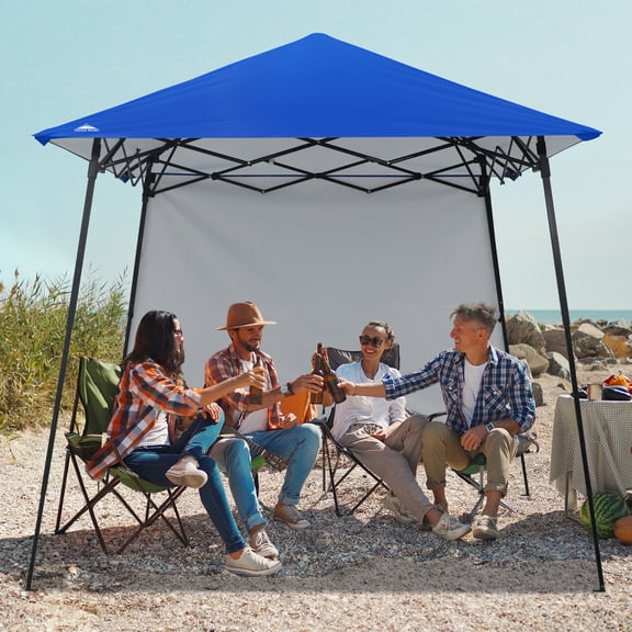 EAGLE PEAK Pop-up Compact Canopy Tent with Extended Eaves & Sidewall, Portable and Easy Setup Slant Leg Instant Shelter, 8x8 Base 7x7 Top, Blue