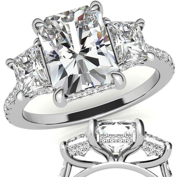 Radiant Cut Three Stone Moissanite Ring in White Gold Plated Silver by Auory for Women