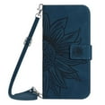 thumbnail image 3 of For iPhone 14 Plus 6.7" Sunflower  Embossed Strong Magnetic Attachment/Closure, Card Slots/Pocket, PU Leather Flip Wallet Case With Adjustable Shoulder Strap,Dark blue,For iPhone 14 Plus, 3 of 11
