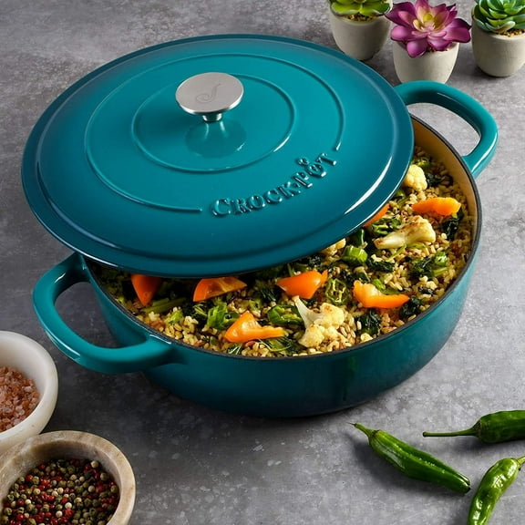 Crock Pot Artisan Enameled Cast Iron 5 Quart Round Braiser Pan with Self-Basting Lid in Teal Ombre