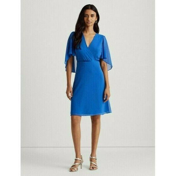 Lauren Ralph Lauren Chiffon Cape-Sleeve Cocktail Dress Blue Size 6 -  