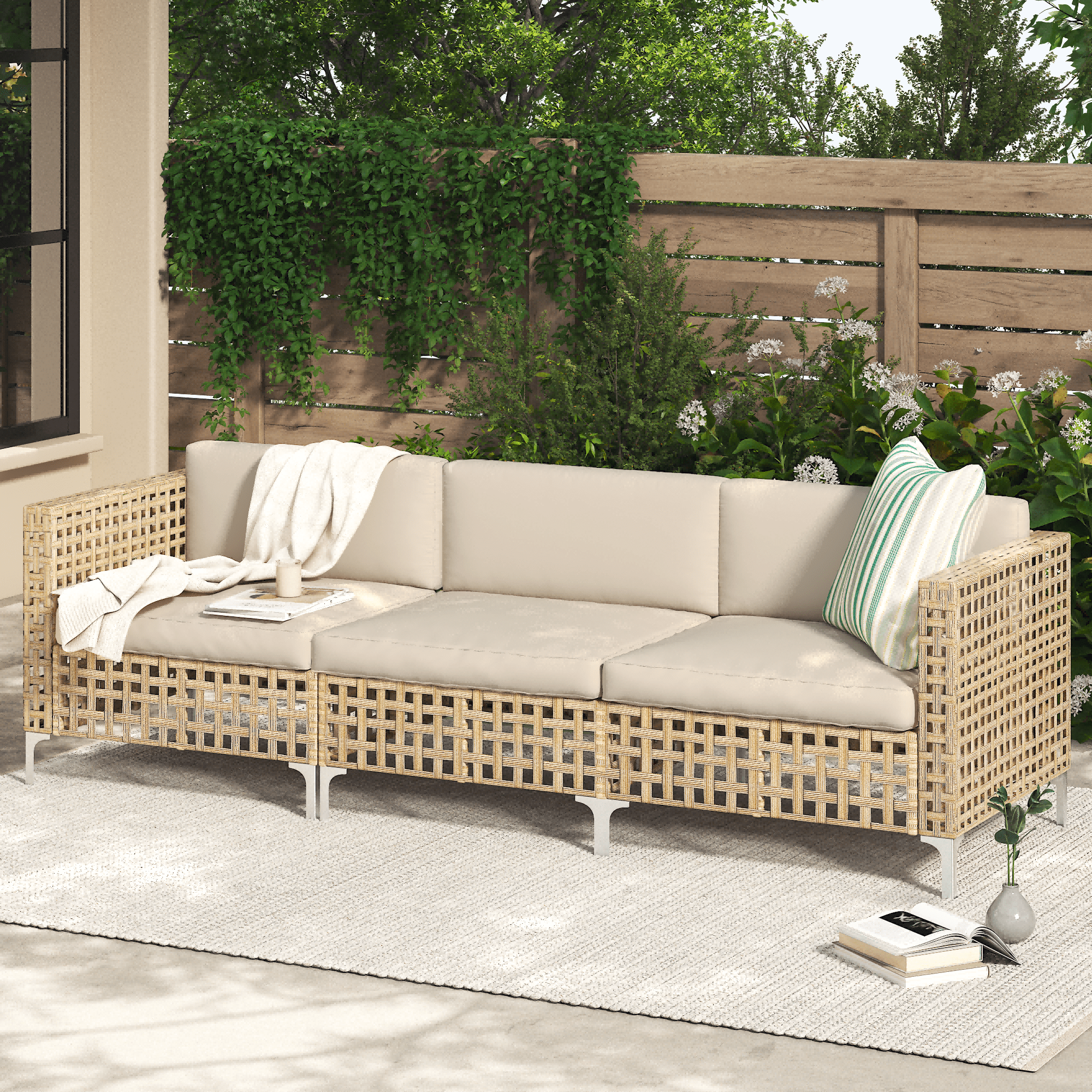 YODOLLA 8-Piece Patio Furniture Set, Boho Style Rattan Wicker Sectional Sofa Couch Outdoor Conversation Set with Table In Beige