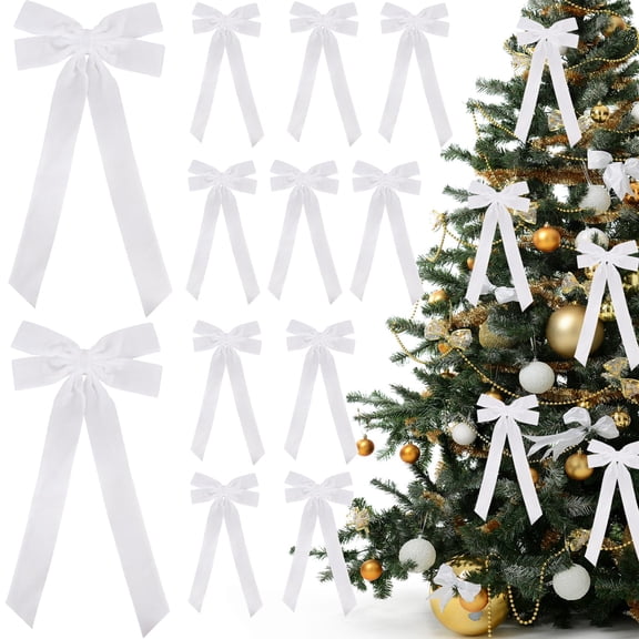 12 Pcs White Velvet Ribbon Bows 5 x 10 in Christmas Tree Ornaments
