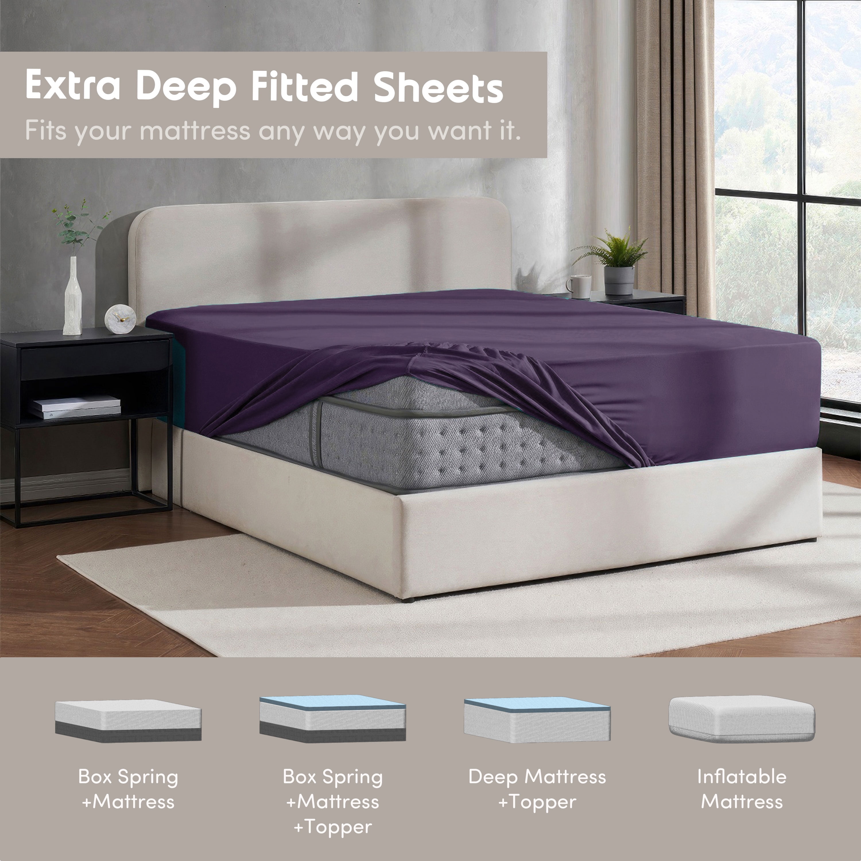 Lammaloe 4 Pack Extra Deep Pocket King Fitted Sheet Only, Fits 18" to 24" Mattress, Soft Microfiber Fitted Bed Sheet, Purple Eggplant